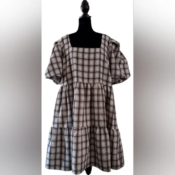 English Factory 2XL Cottage Plaid Gingham Tweed Puff Sleeve New - Picture 2 of 8